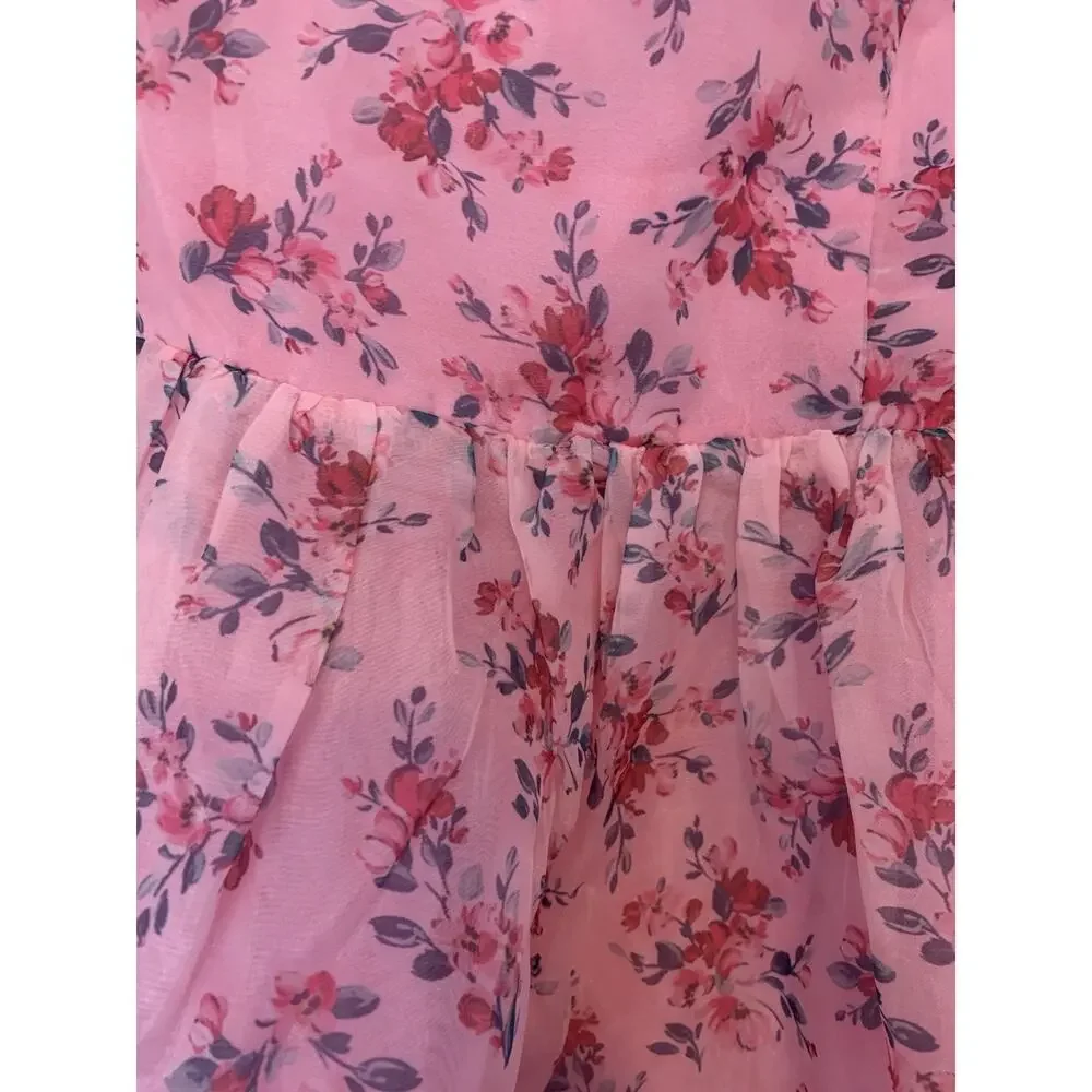 Endless Rose Floral Puff Pink Barbie Baby Doll Mini Dress Balloon Sleeves Size S